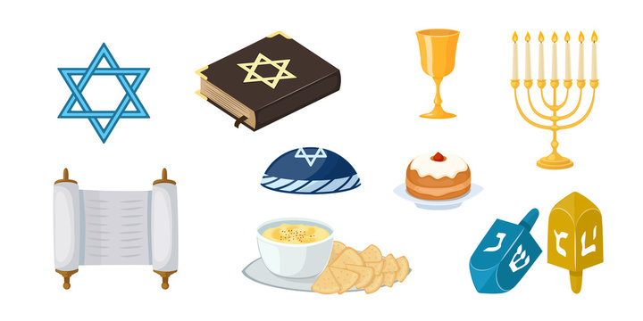 Judaism church traditional symbols icons set isolated hanukkah religious design and synagogue passover torah menorah holiday jew vector illustration.