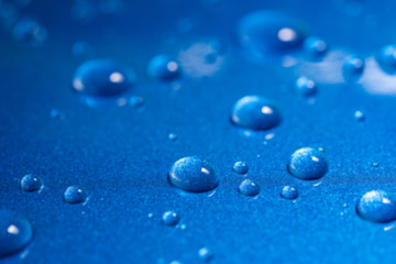 Abstract blur closeup water drops on blue background