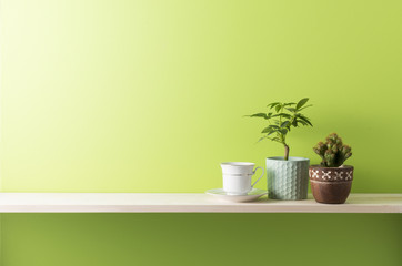 グリーンの壁と棚の室内イメージ