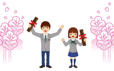 卒業証書を持つ学生カップル　ブレザー