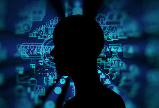 silhouette of virtual human on abstract technology illustration