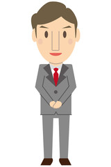 かわいいミドル世代ビジネスマン　グレーのスーツ　おもてなし