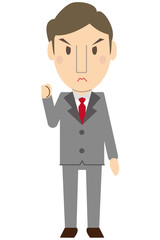 かわいいミドル世代ビジネスマン　グレーのスーツ　片手でガッツポーズ