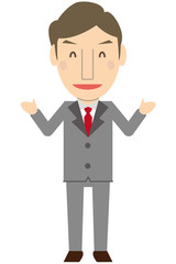 かわいいミドル世代ビジネスマン　グレーのスーツ　満面の笑みで案内