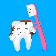 Dirty tooth character with Friendly toothbrush. Dental care concept. Illustration isolated on blue background.