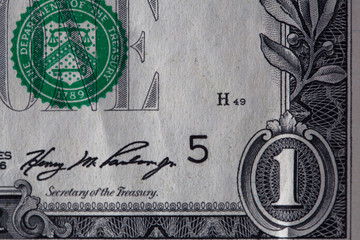 Closeup of a used 1 dollar paper money bill