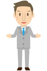 かわいい若い短髪ビジネスマン　さわやか　グレーのスーツ　笑顔で案内