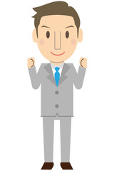 かわいい若い短髪ビジネスマン　さわやか　グレーのスーツ　小さく両手でガッツポーズ