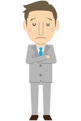 かわいい若い短髪ビジネスマン　さわやか　グレーのスーツ　悩む