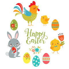 Set of cute Easter design elements: bunny, chicks, rooster, eggs and 