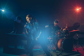 Plakat Musician band hand holding the microphone and singing a song and playing music instrument with Fellow band musicians on black background with spot light and lens flare, musical concept