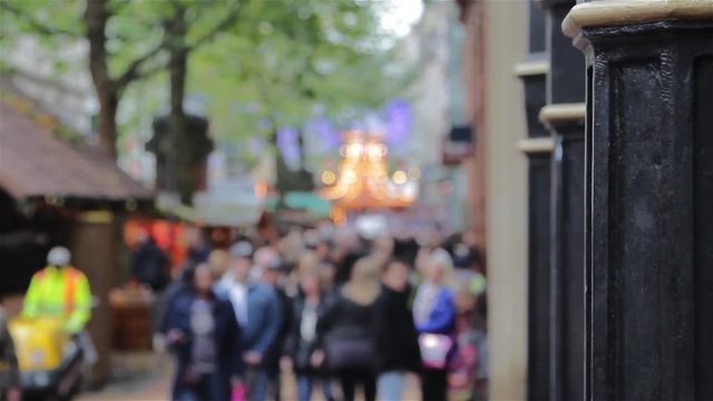 Large Anonymous Crowd Busy German Christmas Market Stall  Xmas Lights