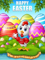 Funny cartoon rooster wearing a red jacket waving in the woods near the river