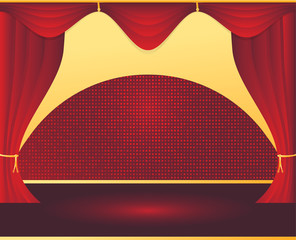 Open red curtains at the theater, opera and cinema on brilliant background pixels. Vector background EPS 10