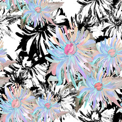 Seamless pattern of watercolor asters on a color or textural background