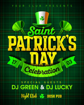 Saint Patrick's Day celebration party invitation poster design with bright vintage lettering, leprechaun hat on green tartan background, 17 March nightclub invitation 