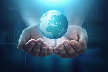 People hand holding floating earth