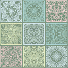 Colorful floral seamless pattern from squares with mandala in patchwork boho chic style, in portuguese and moroccan motif