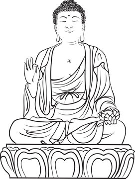 Drawing of a Buddha statue. Art vector illustration of Gautama - bllack line art on a white background. Buddhism Religion