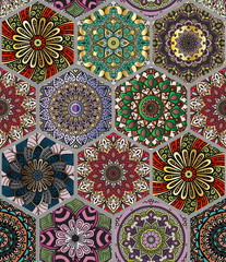 Oriental seamless pattern in style of colorful floral patchwork boho chic with mandala in hexagon elements