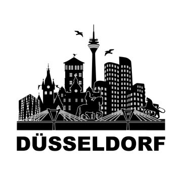 D&uuml;sseldorf Skyline Schattenriss Denkm&auml;ler Kultur Sehenw&uuml;rdigkeiten Stadtreise Schattenriss Wandtatoo Vektor