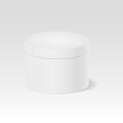 Closed gift box. White round closed box. Package. 3D. Cylinder. Vector illustration.

