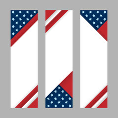 Set of modern vector vertical banners, page headers with stripes and stars in the colors of the American flag. Material design banners for Presidents day, USA Independence day, national celebrations