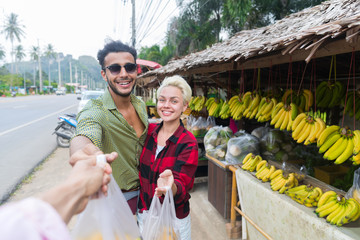 Couple Asian Fruits Street Market Buying Fresh Food, Young Man And Woman Tourists Exotic Vacation Tropical Holiday