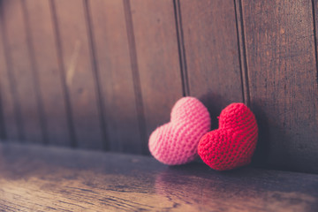 two love heart on wood for background in Valentine's day.