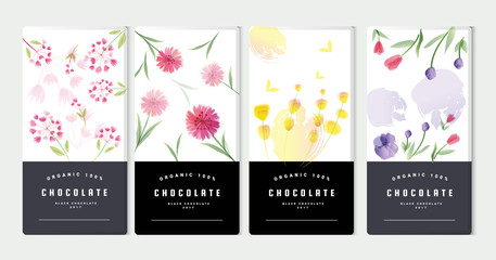 Fototapeta premium Chocolate bar packaging mock up set, watercolor style. Trendy luxury product branding template with label and geometric pattern. vector