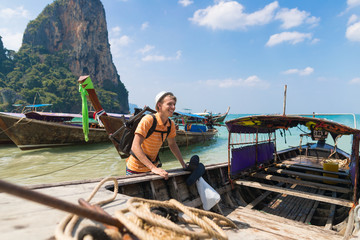 Young Man Tourist Long Tail Thailand Boat Port Ocean Guy Sea Vacation Travel Trip Tropical Holiday