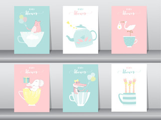 Set of baby shower invitations cards,poster,greeting,template,animals,Vector illustrations