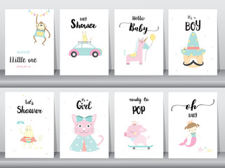 Fototapeta na wymiar Set of baby shower invitations cards,poster,greeting,template,animals,Vector illustrations