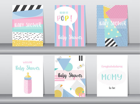 Set of baby shower card on retro pattern design,vintage,poster,template,greeting,Vector illustrations 