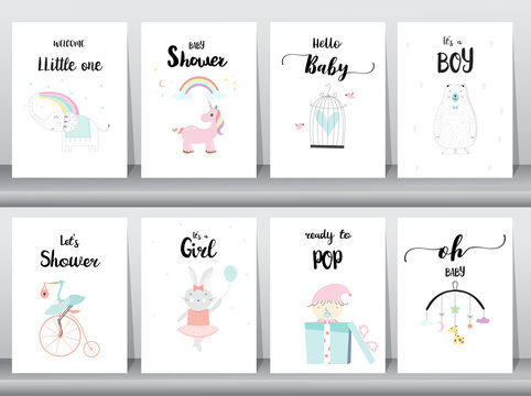 Set of baby shower invitations cards,poster,greeting,template,animals,Vector illustrations
