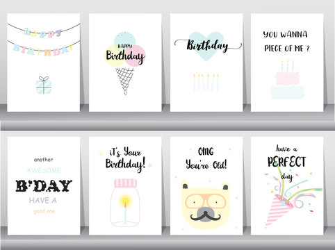 Set of birthday cards,invitation,poster,greeting,template,animals,cake,candle,poper,Vector illustrations