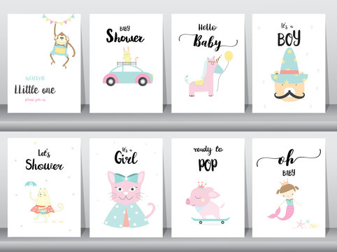 Set of baby shower invitations cards,poster,greeting,template,animals,Vector illustrations