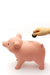 Putting Coin In Piggy Bank
