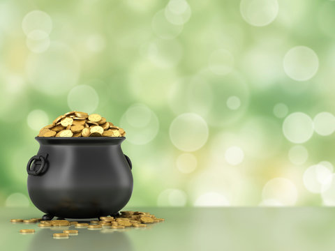 3d render of black pot full of gold coins