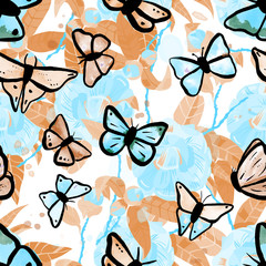 Vector seamless pattern with watercolor camellias and butterflie © laplateresca