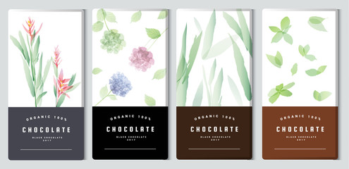Chocolate bar packaging mock up set, watercolor style. Trendy luxury product branding template with label and geometric pattern. vector