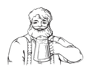 Happy brewer or craftsman's characters holding a mug full of beer in graphic style vector illustration