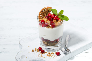 dessert with granola, cranberries and cream in glass on white table