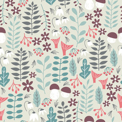Forest Seamless Pattern. Vector Background with Nature Elements and Abstract Shapes. Seamless Pattern for Fabric, Paper and Other Printing.