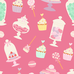 Cakes cartoon style seamless pattern vector illustration.