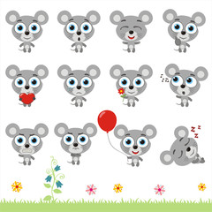 Big set cute little mouse. Collection isolated cartoon mouse in different poses.