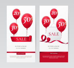 Set of stylish vertical banners with paper shopping bag, red ribbons and balloons. Vector layout for holiday discounts offered on the website. Isolated from the background.