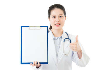 beauty asian doctor thumbs up showing blank clipboard