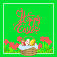 Vector greeting card for happy easter with hand lettering calligraphy and Illustrations