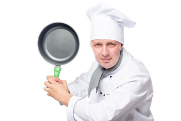 Portrait of aggressive evil chefs with frying pan on a white background